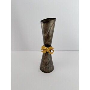 Vintage Metal Silver Flower Vase With Gold Plated Bow 7”